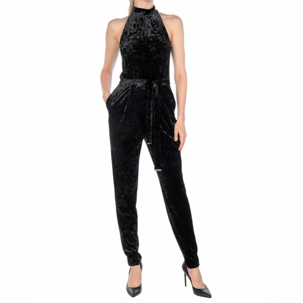 Small Michael Kors Black Velvet Halter Jumpsuit with belt. Erin once. Like New.